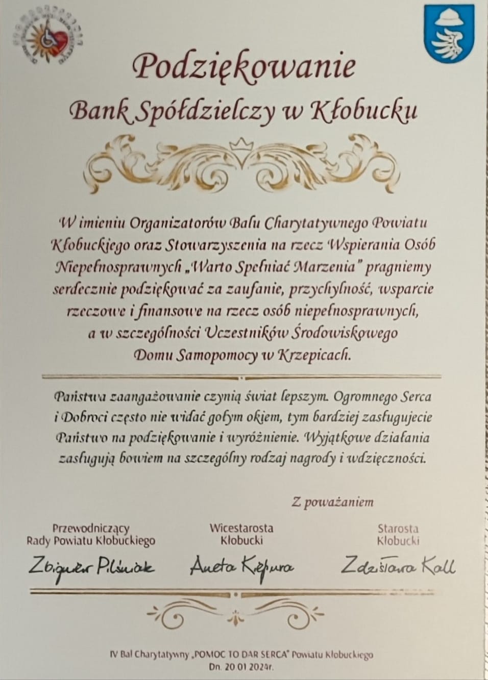 Pisemne podziękowanie dla Banku od organizatorów Balu Charytatywnego Powiatu Kłobuckiego oraz Stowarzyszenia na rzecz Wspierania Osób Niepełnosprawnych "Warto spełniać marzenia".